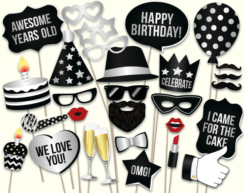 Instant download Birthday photo booth props: printable PDF Mustache glasses Black and silver birthday party supplies happy birthday