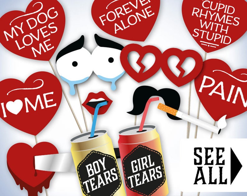 Anti Valentine photo booth props: printable PDF. Anti Valentines Day photoboth decorations. Funny Anti-Valentine's party supplies, download. image 1