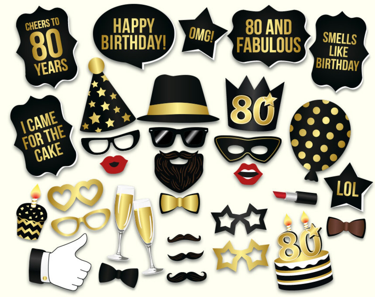 80th Birthday Photo Booth Props Printable PDF. Black and Gold - Etsy