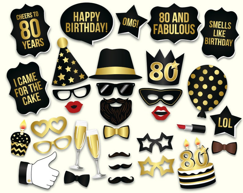 80th birthday photo booth props printable pdf black and gold etsy