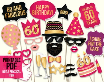 60th birthday photo booth props: printable PDF. Hot pink and gold. Sixtieth Bday props. Birthday party ideas for women. Digital download