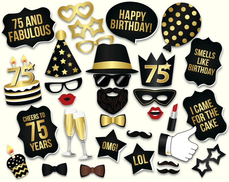 75th Birthday Photo Booth Props: Printable PDF. Black and Gold - Etsy