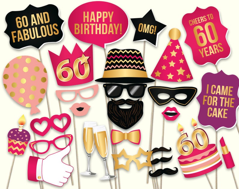 Hot pink and gold Birthday party ideas for women 60th birthday photo booth props: printable PDF Digital download Sixtieth Bday props