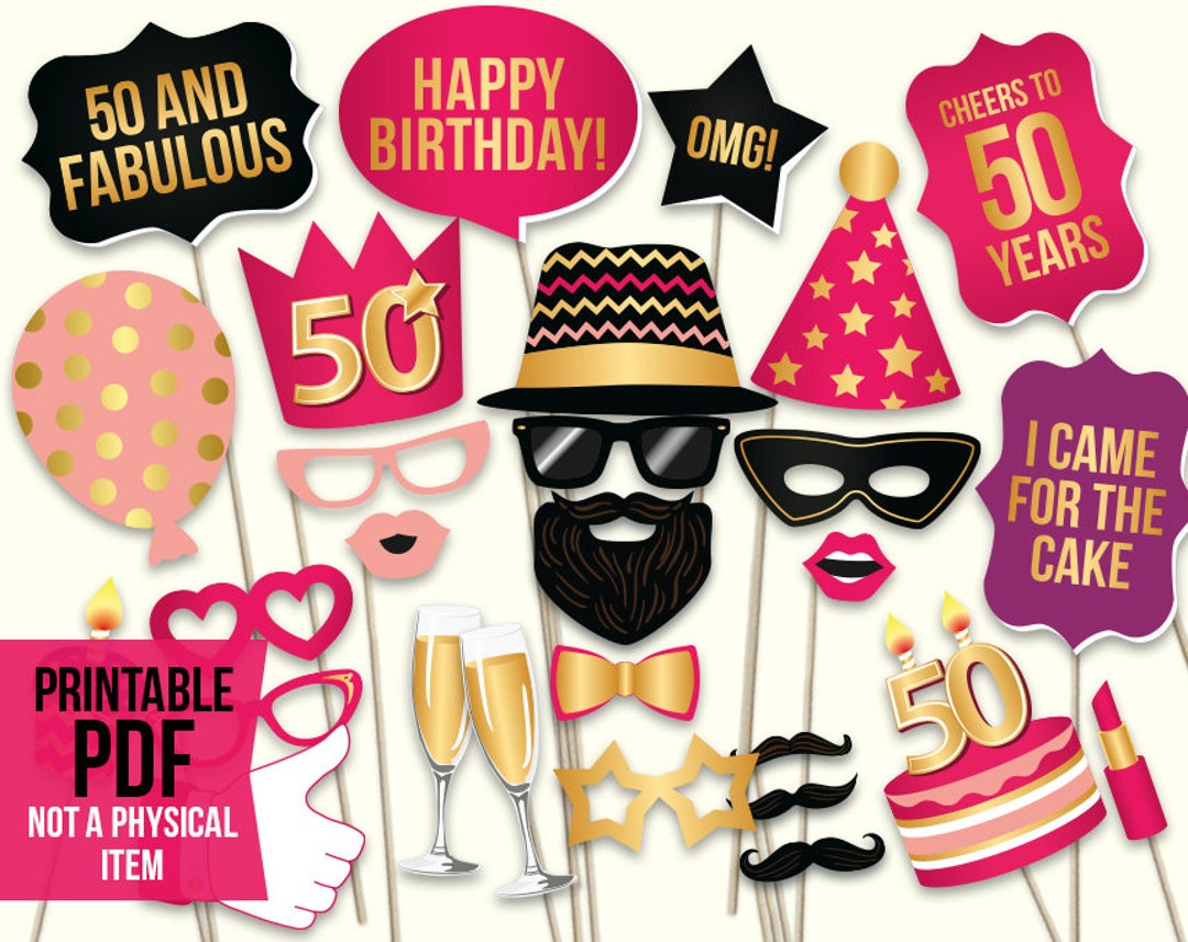 50th Birthday Photo Booth Props: Printable PDF. Hot Pink and Gold ...