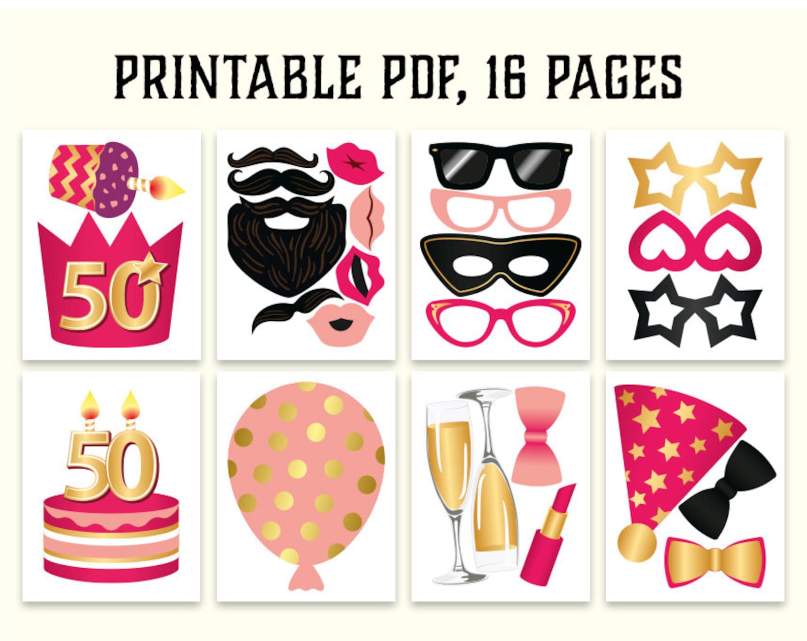 50th Birthday Photo Booth Props: Printable PDF. Hot Pink and | Etsy