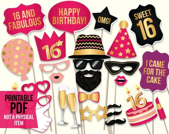 Sweet 16 photo booth props: printable PDF. Sweet sixteenth birthday props. Pink and gold teenage birthday party selfie station photo props