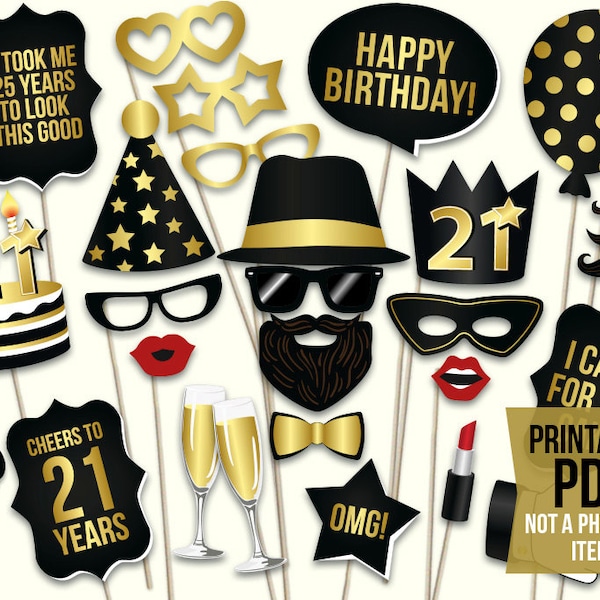 21st birthday photo booth props printable PDF. Black and gold. 21st birthday decorations. Birthday party supplies Mustache, lips, photobooth