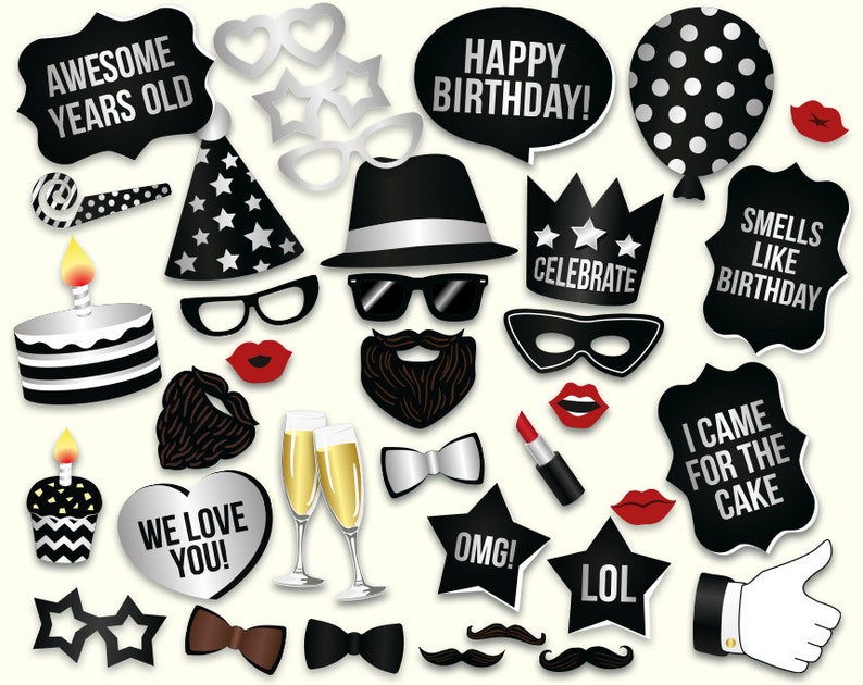 Instant download Birthday photo booth props: printable PDF Mustache glasses Black and silver birthday party supplies happy birthday