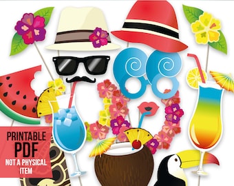 Hawaiian photo booth props: printable PDF. Luau photo booth props. Hawaiian party decorations. Beach party decor. Beach photo booth props