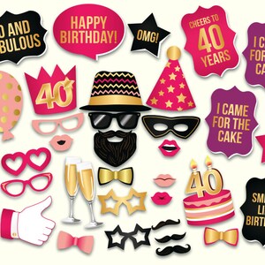40th Birthday Photo Booth Props: Printable PDF. Hot Pink and Gold ...
