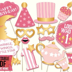 Twinkle twinkle little star PRINTABLE first birthday girl photo booth props. Digital download, printable PDF. Baby shower ideas.