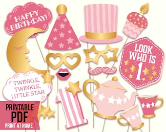 Twinkle twinkle little star PRINTABLE first birthday girl photo booth props. Digital download, printable PDF. Baby shower ideas.
