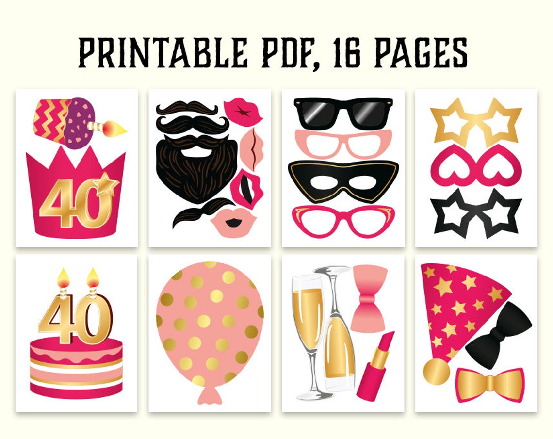40th birthday photo booth props: printable PDF. Hot pink and | Etsy