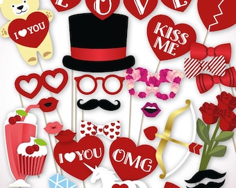 Valentine's photo booth props: printable PDF. Fun activity for Valentines Day. Can be used as DIY printable decorations or paper garland.