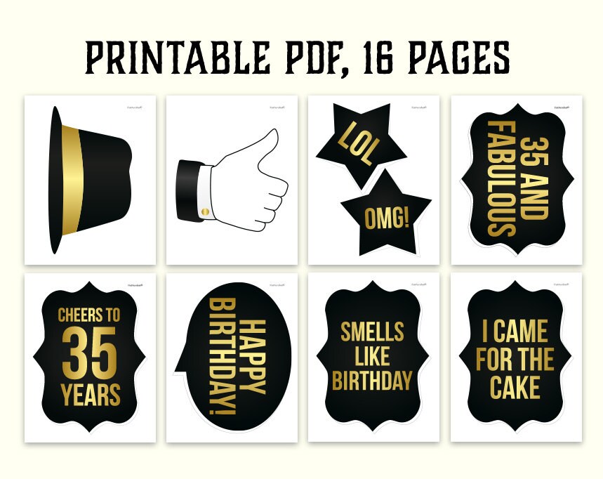 35th Birthday Photo Booth Props Printable PDF. Black and Gold Etsy