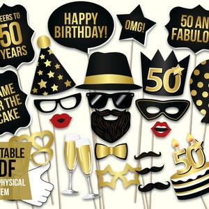 50th birthday photo booth props: printable PDF. Black and gold Fiftieth birthday party supplies. Instant download Mustache, lips, glasses