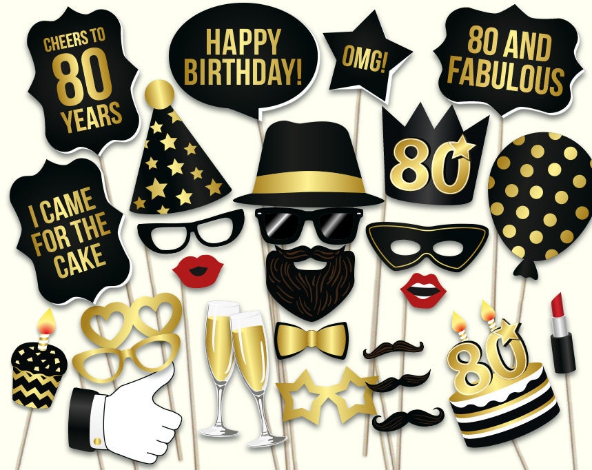 80th Birthday Photo Booth Props Printable PDF. Black and Gold - Etsy