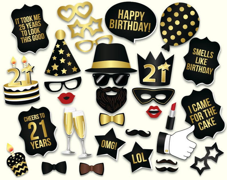 21st birthday photo booth props printable PDF. Black and gold. | Etsy