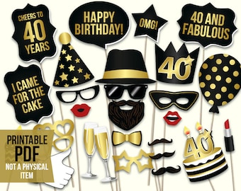 40th birthday photo booth props: printablePDF. Black and gold Forthieth birthday party supplies. Instant download Mustache, lips, glasses