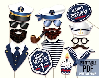 Nautical First Birthday photo booth props: printable PDF file. Captain hat, sailor hat, ship crew, cruise party, anchors away party theme.