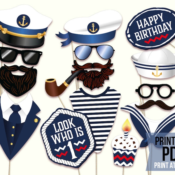 Nautical First Birthday photo booth props: printable PDF file. Captain hat, sailor hat, ship crew, cruise party, anchors away party theme.