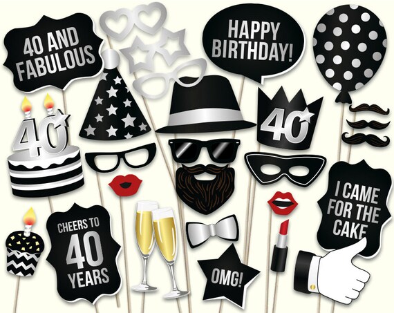 40th birthday photo booth props: printable PDF. Black and | Etsy