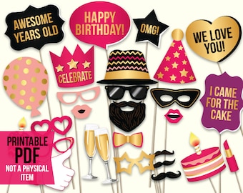 Birthday photo booth props: printable PDF. Pink and gold birthday party supplies. Instant download. Mustache, glasses, happy birthday