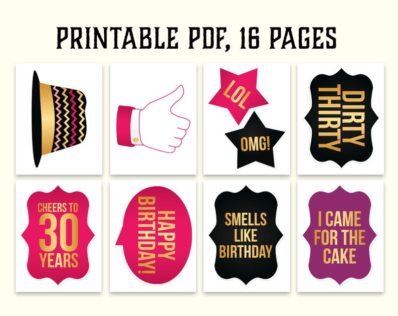 30th Birthday Photo Booth Props Printable PDF Hot Pink And Etsy
