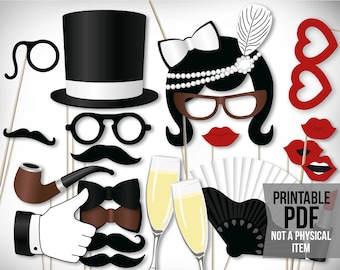Vintage photo booth props: printable PDF. Classic roaring 20s photo booth props. Black and white photobooth props. Gatsby photo booth props.