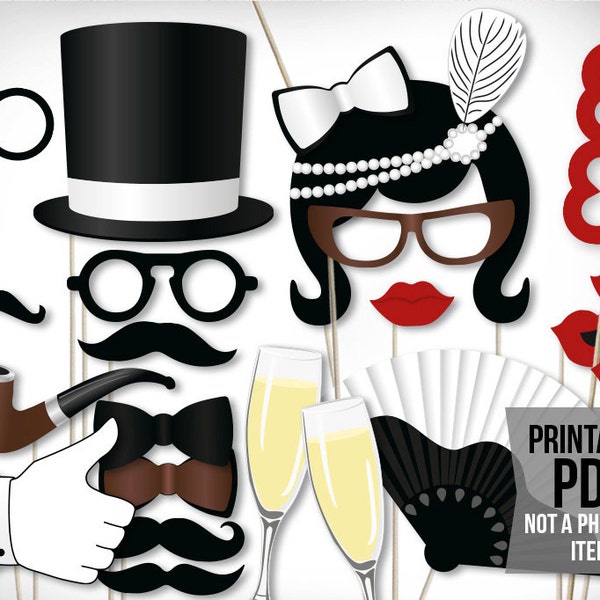Vintage photo booth props: printable PDF. Classic roaring 20s photo booth props. Black and white photobooth props. Gatsby photo booth props.