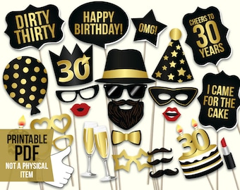 30th birthday photo booth props: printable PDF. Black and gold. Dirty thirty props. Thirtieth birthday party supplies. Mustache, lips.