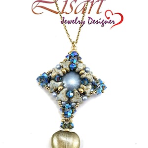 May include: A handcrafted necklace featuring a gold chain and a pendant with a central light blue stone, surrounded by blue and clear crystals, and a gold heart-shaped charm. The text "Lisart Jewelry Designer" is visible.