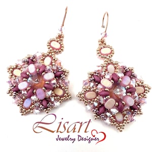 May include: A pair of dangle earrings with a pink and gold color scheme. The earrings feature a starburst design with a variety of beads, including clear, pink, and white.