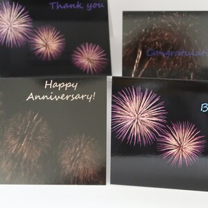 Colección de tarjetas de fuegos artificiales, tarjetas fotográficas, 4 tarjetas diferentes, gracias, felicitaciones, feliz cumpleaños, feliz aniversario, con sobres
