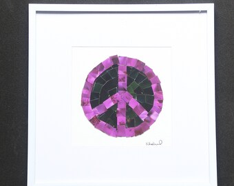 Renewed Peace, upcycled photograph mosaic peace sign, 8x8 white metal frame, wall frame, table top frame