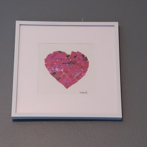 Mended Heart, upcycled photograph mosaic heart, 8x8 white metal frame, wall frame, table top frame