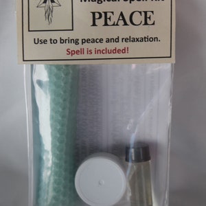May include: A clear plastic bag containing a magical spell kit for peace. The kit includes a green candle, a small white jar, and a small bottle of oil. The bag has a label that reads "Power Within Magical Spell Kit PEACE Use to bring peace and relaxation. Spell is included!"