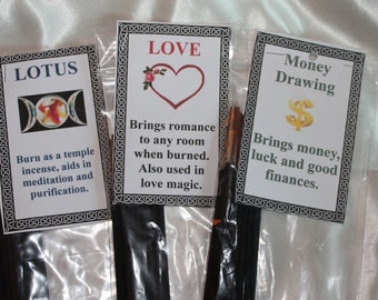 Stick Incense, Witch Shop Stick Incense, Money Drawing, Love, Lotus, Meditation, Romance, Wicca supplies..