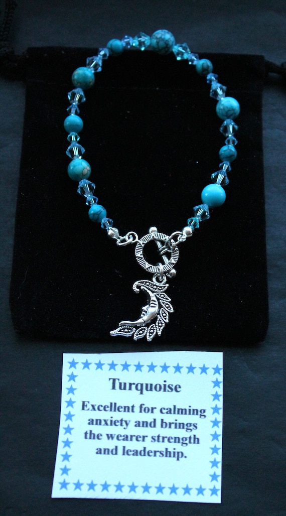 Turquoise Gemstone Bracelet with Moon Charm, Calming Anxiety, Strength, Leadership