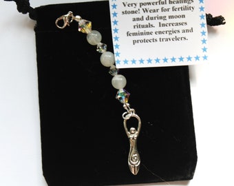 Purse Charm, Crystal Purse Charm, Healing Stone, Moon Rituals, Moonstone Beads, Goddess Necklace, Goddess charm, Zipper Charm.