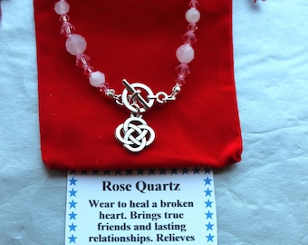 Rose Quartz Bracelet, Genuine Gemstone, Celtic Charm, Love Attraction, Grief Relief