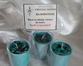 Court Victory Soy Candle with Bloodstone Crystals, Win in Court, (Spell Included)