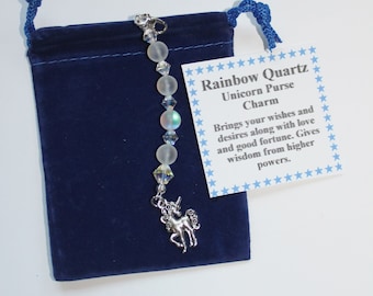 Unicorn Charm, Rainbow Quartz Beads, Swarovski Crystals, Zipper Purse Charm