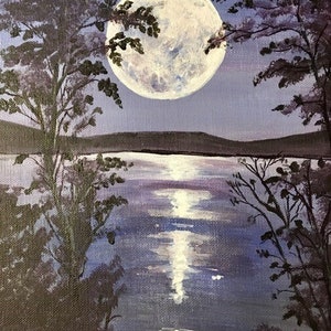 May include: A painting of a full moon reflecting on a still lake. The moon is a bright white with a light blue hue. The lake is a dark blue with a purple tint. The trees on either side of the lake are dark green and black.