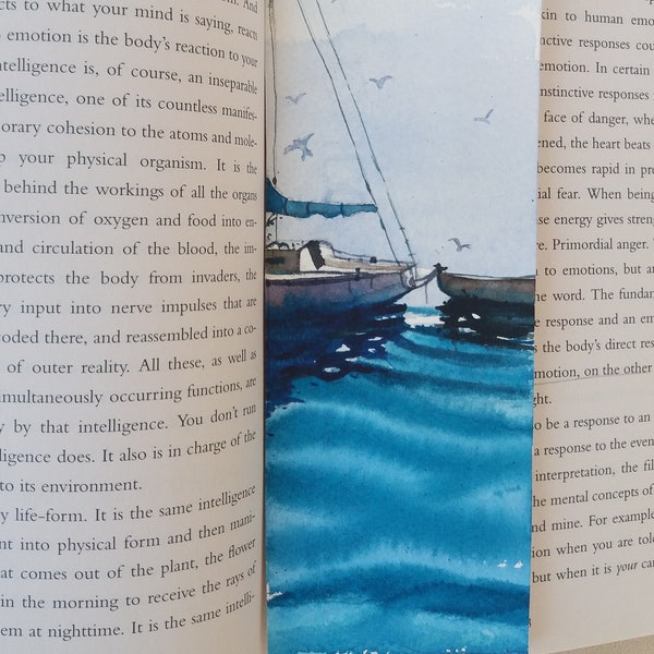 Handpainted Watercolor Boat and Sea bookmark, Watercolor Seascape bookmark, handmade bookmark