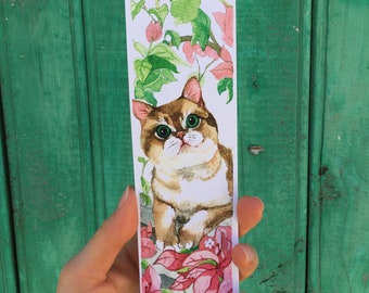 Watercolor British short hair kitten in bougainvillaeas  handpainted painting print bookmark