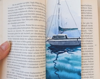 Handpainted Original Watercolor Boat and Sea, Watercolor Seascape bookmark