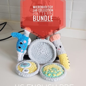 May include: A crochet microbiology lab collection pattern bundle featuring a blue and white microscope, a gray petri dish, a yellow and gray test tube, and two small circular petri dishes with yellow and green textured details. Text reads MICROBIOLOGY LAB COLLECTION PATTERN BUNDLE and US ENGLISH PDF.