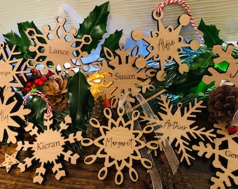 Personalised SNOWFLAKE Wooden Christmas Decoration Ornament Laser cut Christmas Tree Decoration Gift tag Secret Santa Stocking Filler