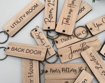 Personalised Wooden Keyring: Engraved Room, House Keys, Custom text